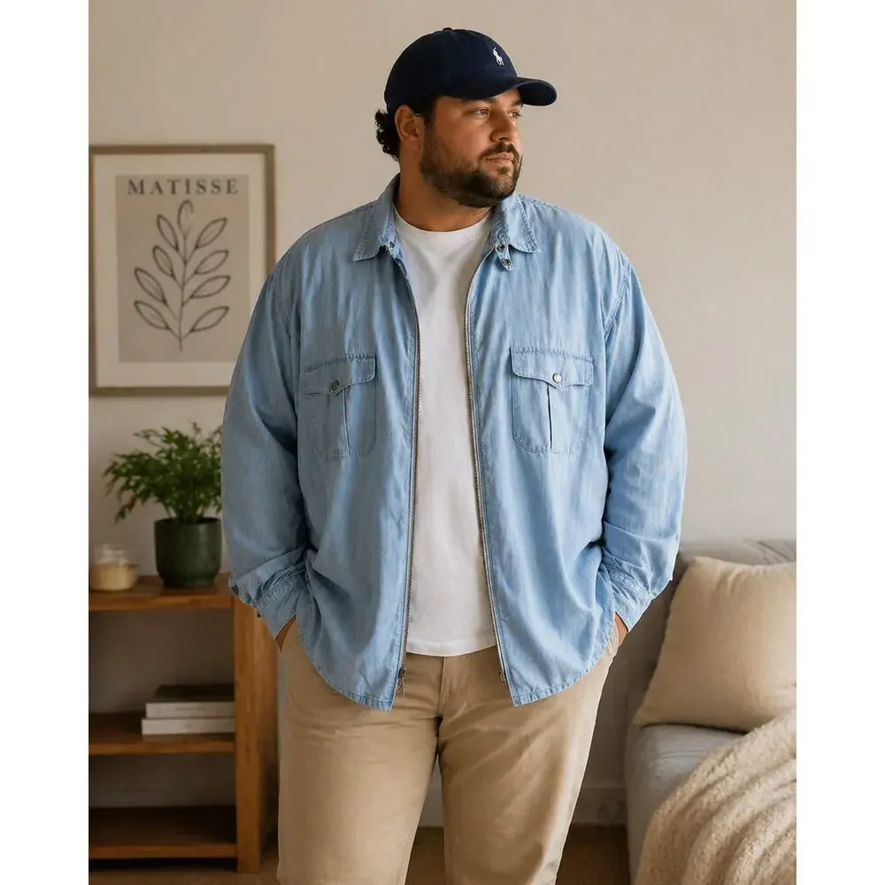 Polo Ralph Lauren Blue Chambray Shirt Jacket 3XLT Full Zip Clean Boy Old Money